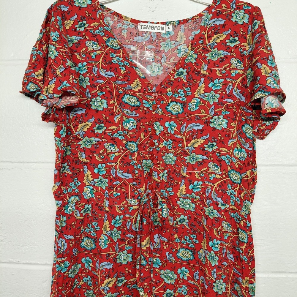 Temofon Womens Red Floral V-neckline Dress Size Medium Light Resort Holiday Chic - Picture 2 of 16